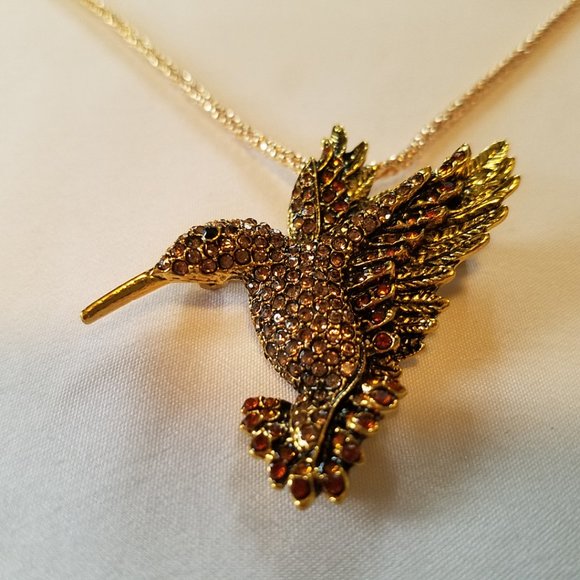 🐞🤎Gold/Brown Hummingbird Necklace / Brooch - NWOT🤎🐞 - Picture 3 of 7